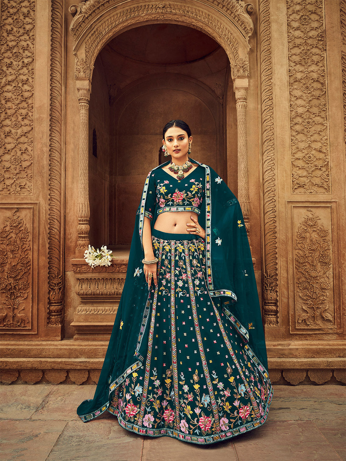 Teal Blue Thread And Sequins Embroidered Georgette Festive & Party Wear Semi Stitched Lehenga