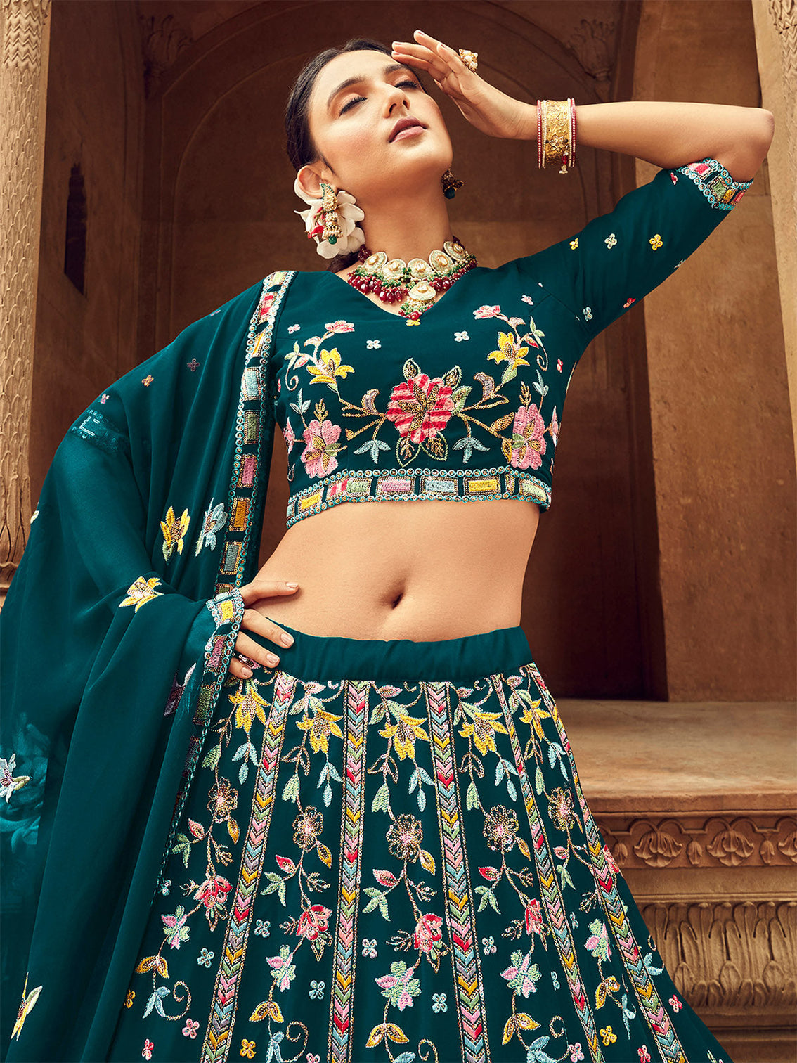 Teal Blue Thread And Sequins Embroidered Georgette Festive & Party Wear Semi Stitched Lehenga