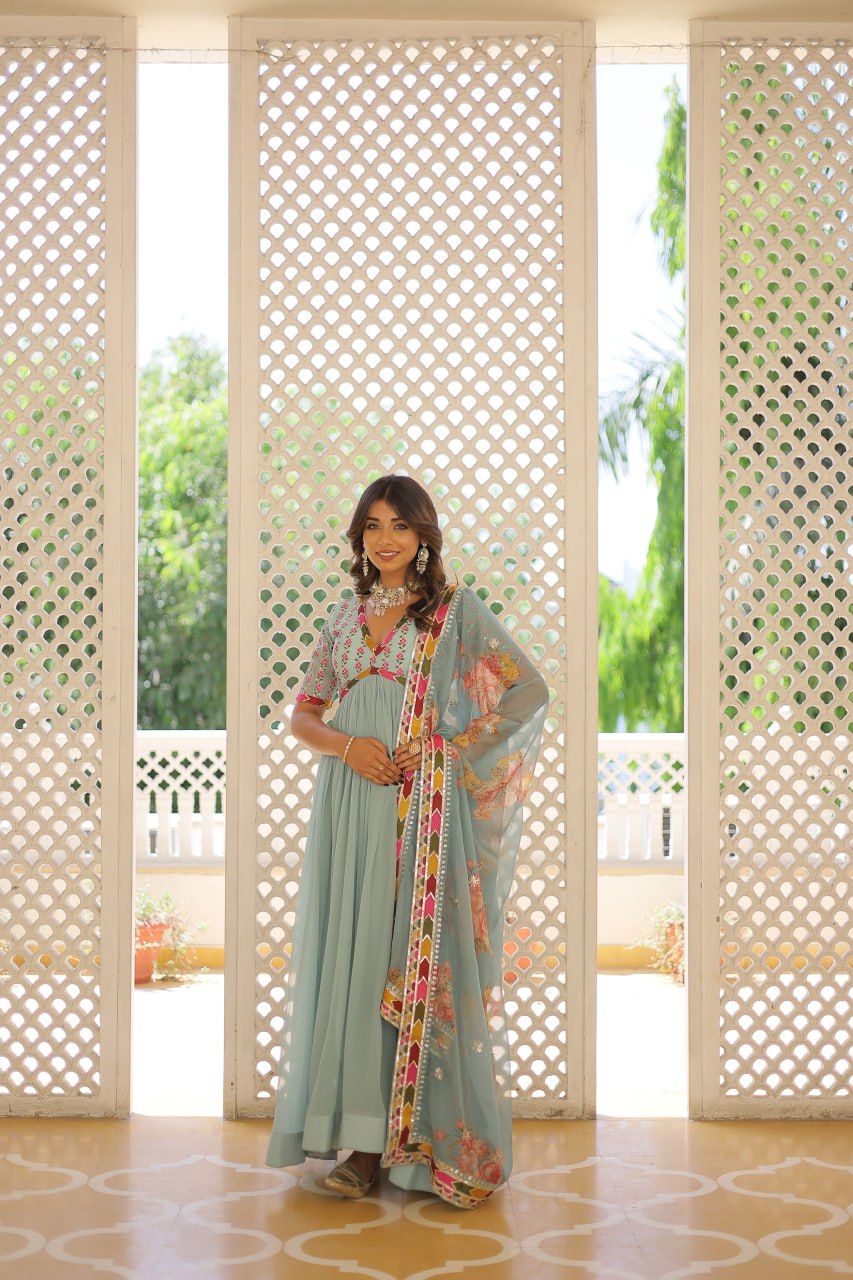 Elegant Embroidered Alia Cut Sky Blue Gown with Printed Dupatta Set
