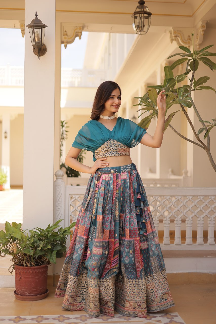 Russian Silk Rama Lehenga Choli Set: Foil Print, Can-Can Flair