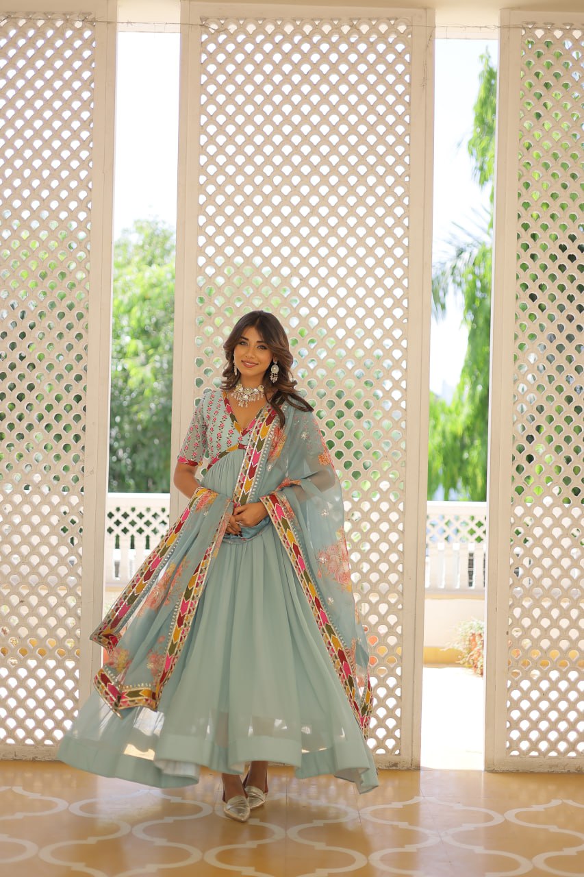 Elegant Embroidered Alia Cut Sky Blue Gown with Printed Dupatta Set