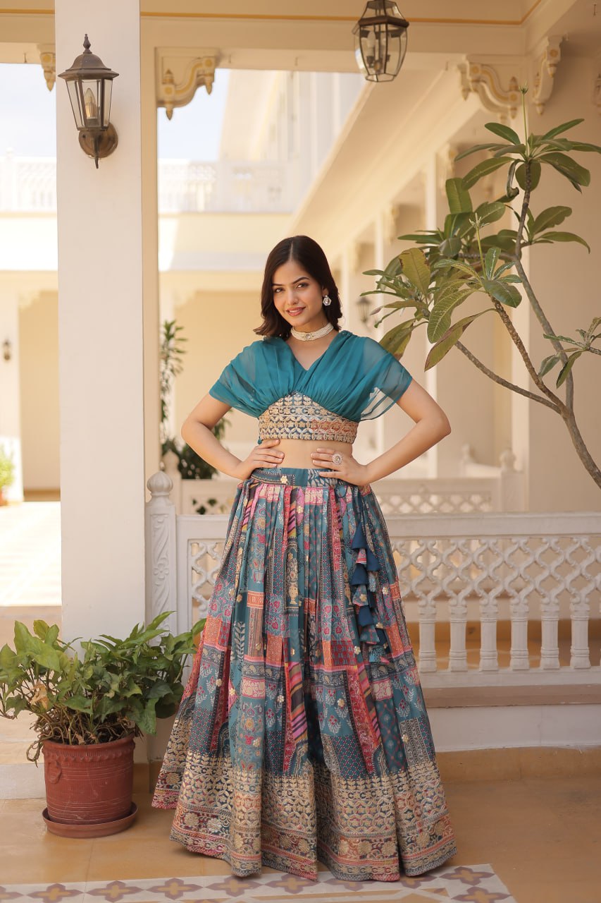 Russian Silk Rama Lehenga Choli Set: Foil Print, Can-Can Flair