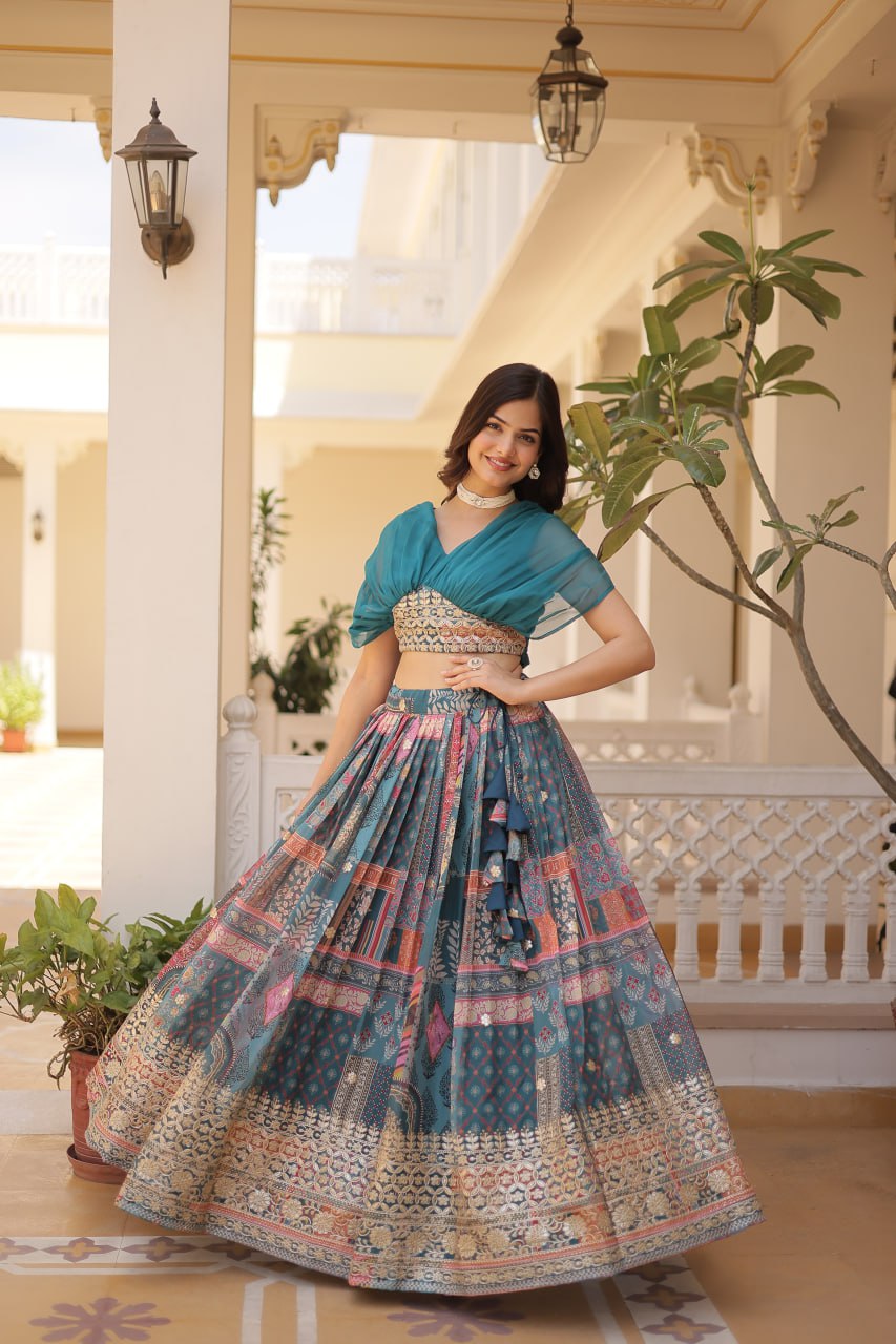 Russian Silk Rama Lehenga Choli Set: Foil Print, Can-Can Flair