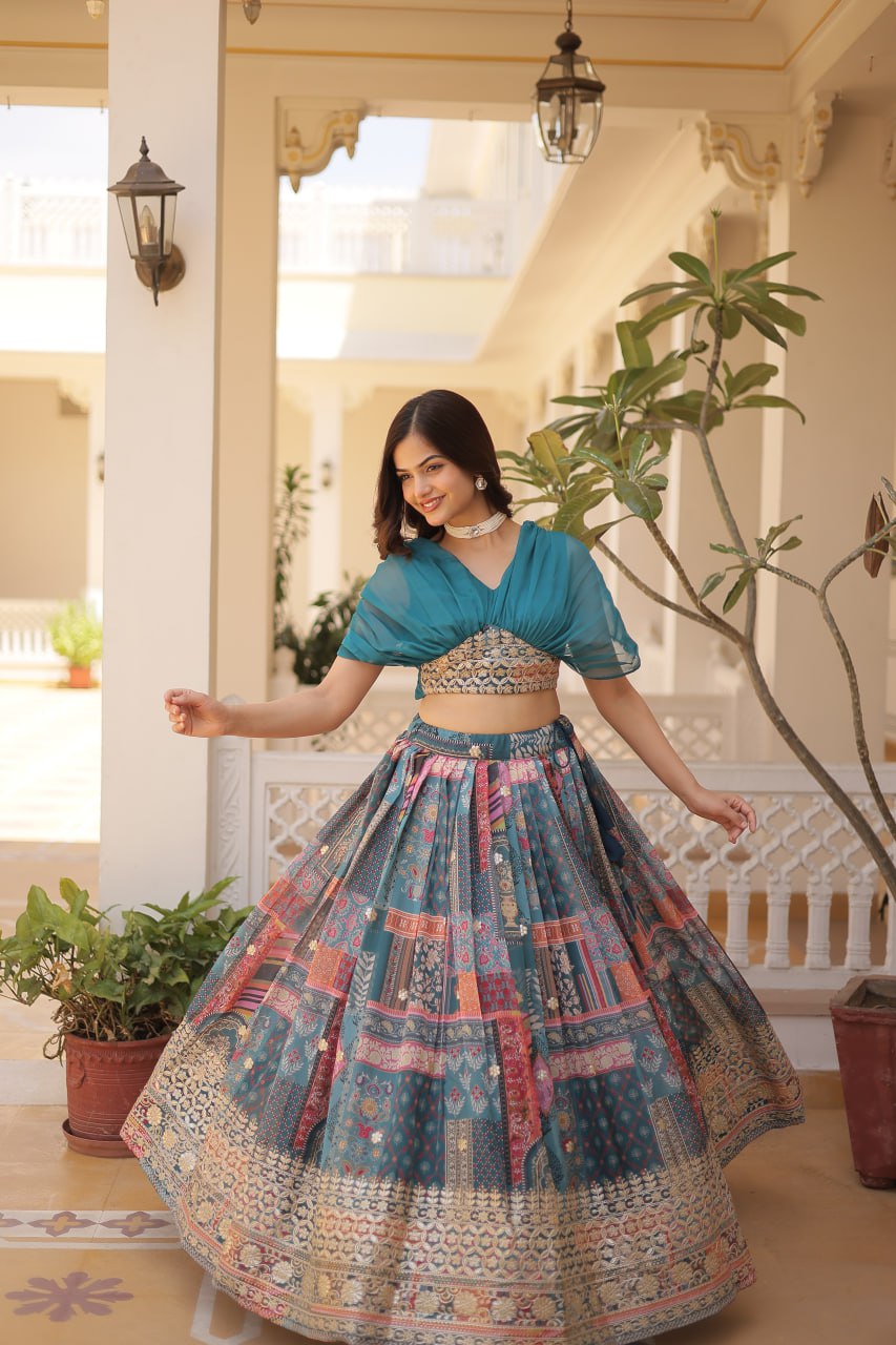 Russian Silk Rama Lehenga Choli Set: Foil Print, Can-Can Flair