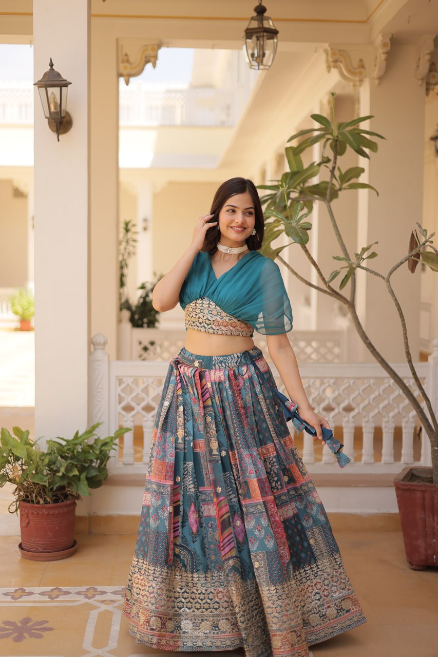 Russian Silk Rama Lehenga Choli Set: Foil Print, Can-Can Flair