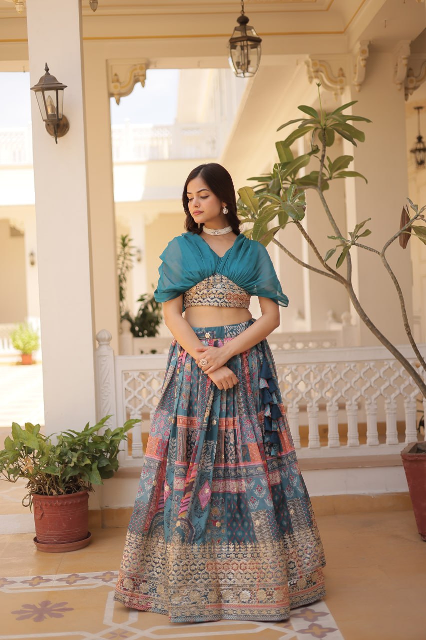 Russian Silk Rama Lehenga Choli Set: Foil Print, Can-Can Flair