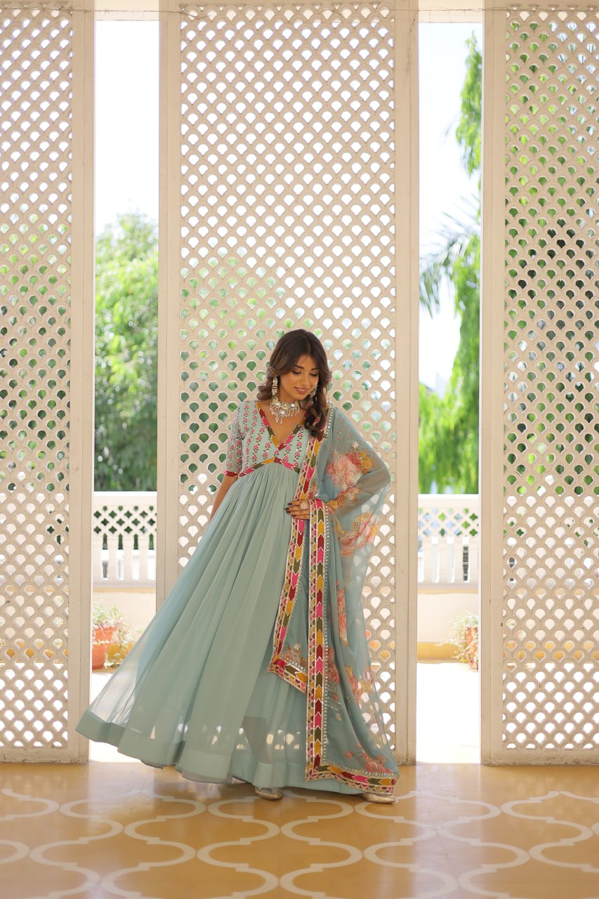Elegant Embroidered Alia Cut Sky Blue Gown with Printed Dupatta Set