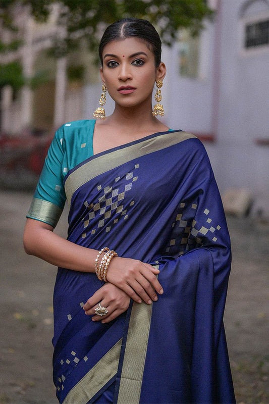 Navy Blue Silk Blend Saree With Blouse Piece Navy Blue