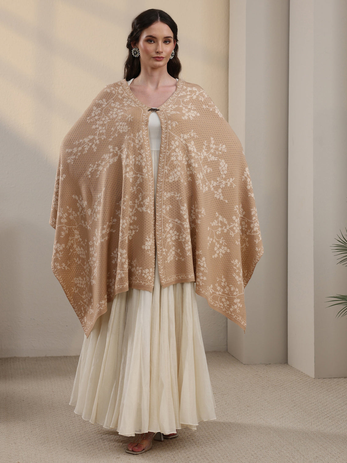 Mameraa Beige Floral Mesh Knitted Acrylic Wrap Shawl