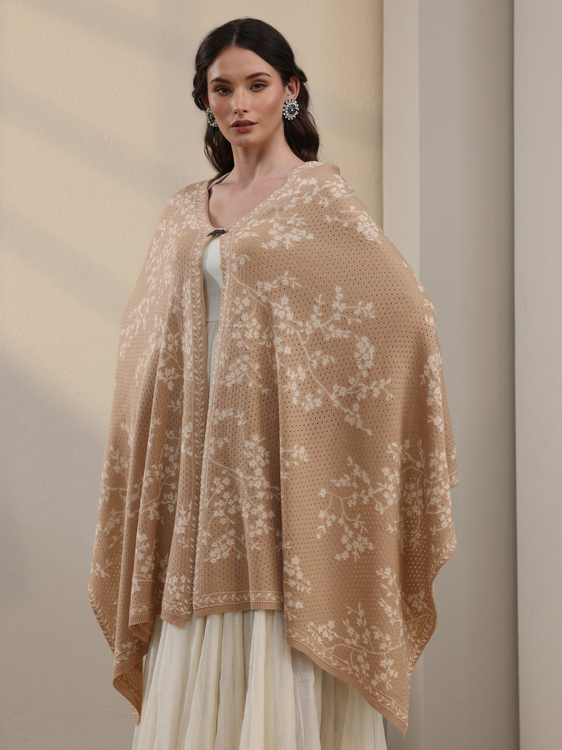 Mameraa Beige Floral Mesh Knitted Acrylic Wrap Shawl