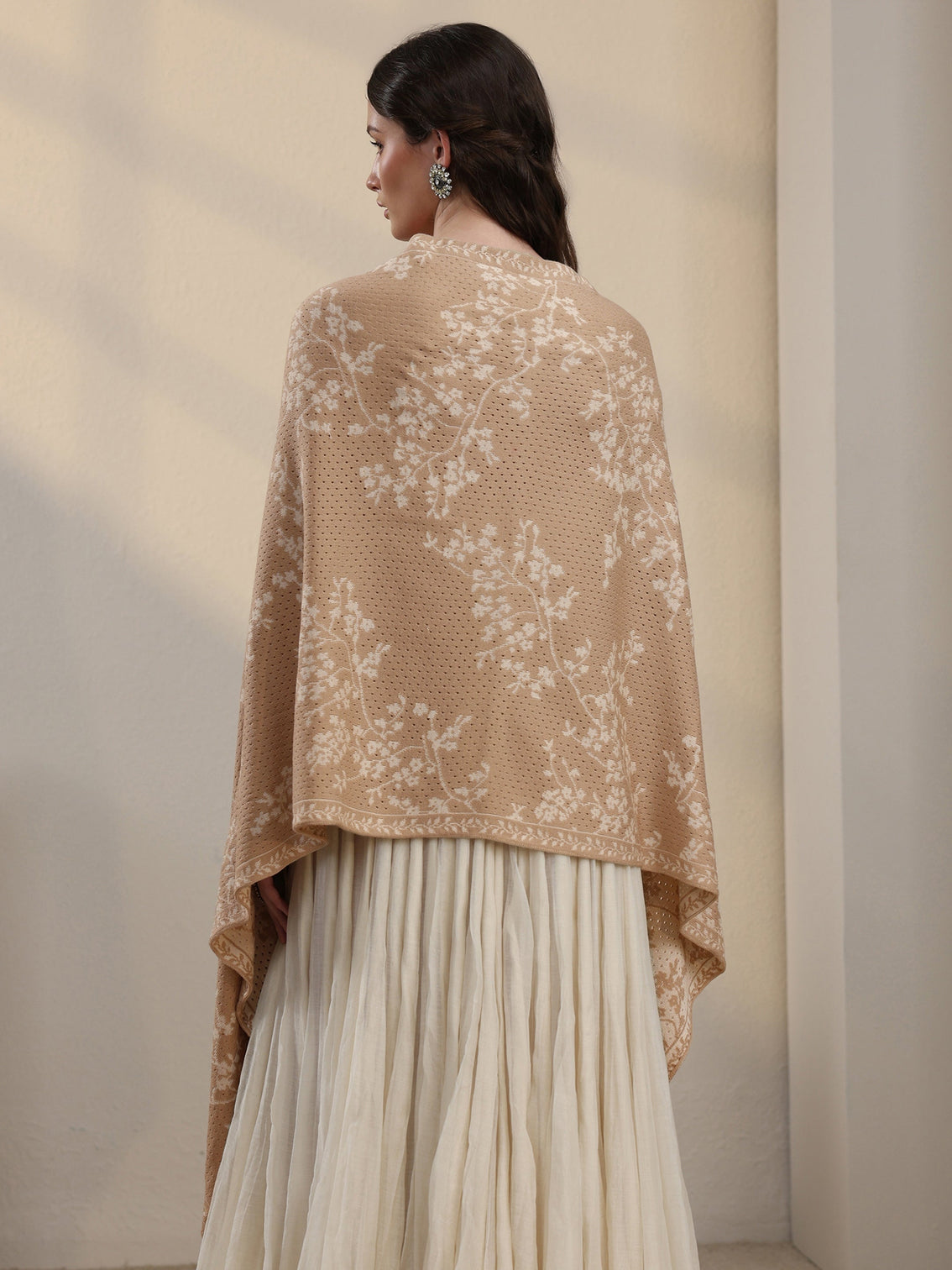 Mameraa Beige Floral Mesh Knitted Acrylic Wrap Shawl