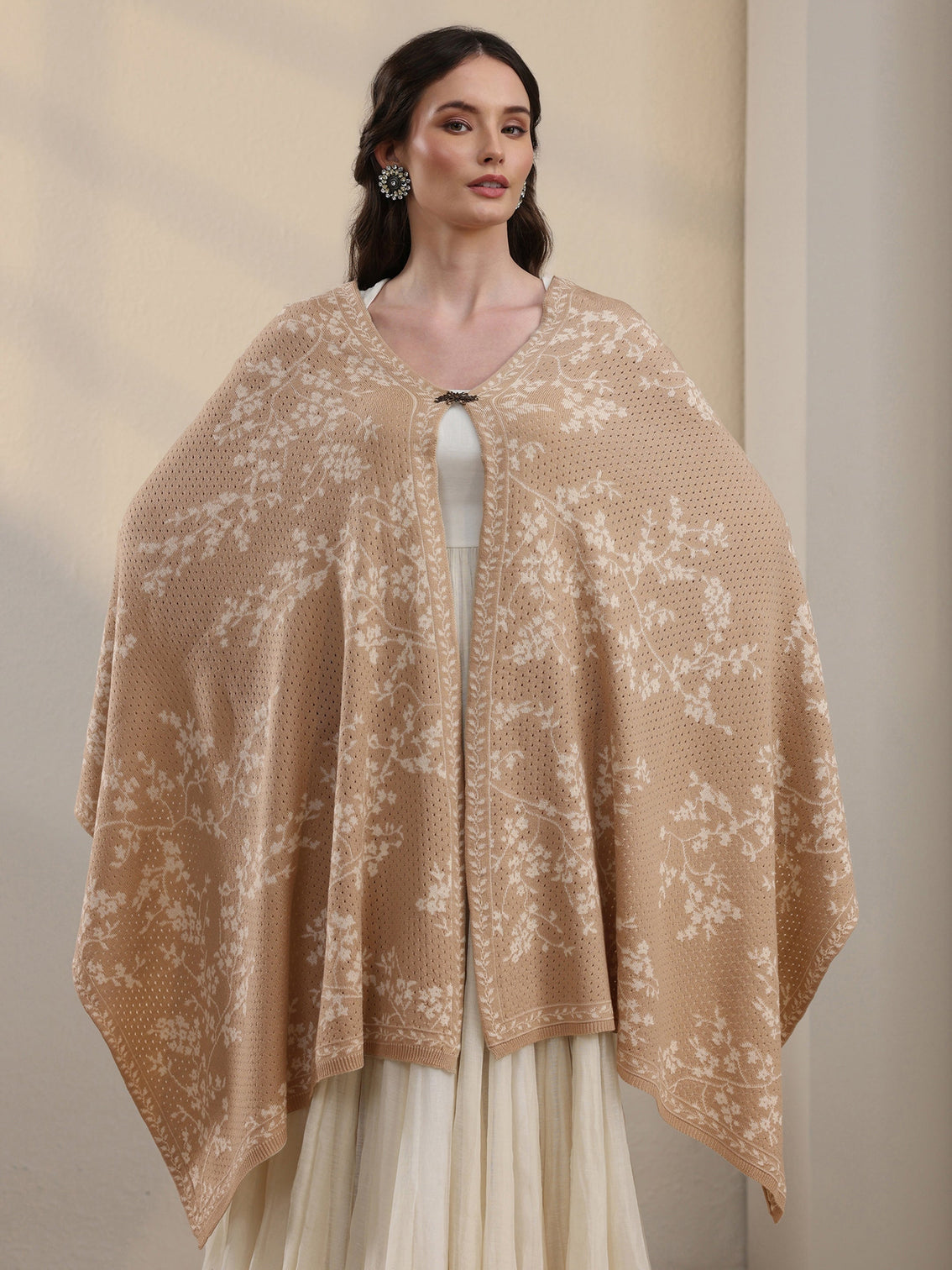 Mameraa Beige Floral Mesh Knitted Acrylic Wrap Shawl
