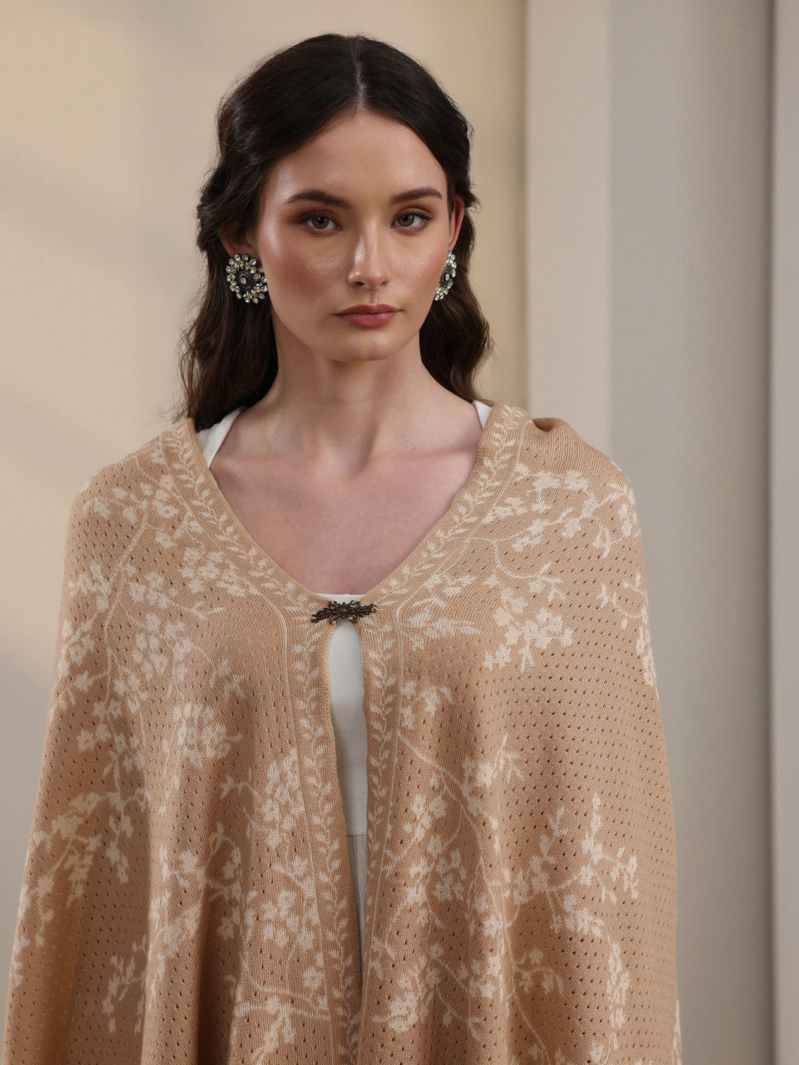 Mameraa Beige Floral Mesh Knitted Acrylic Wrap Shawl