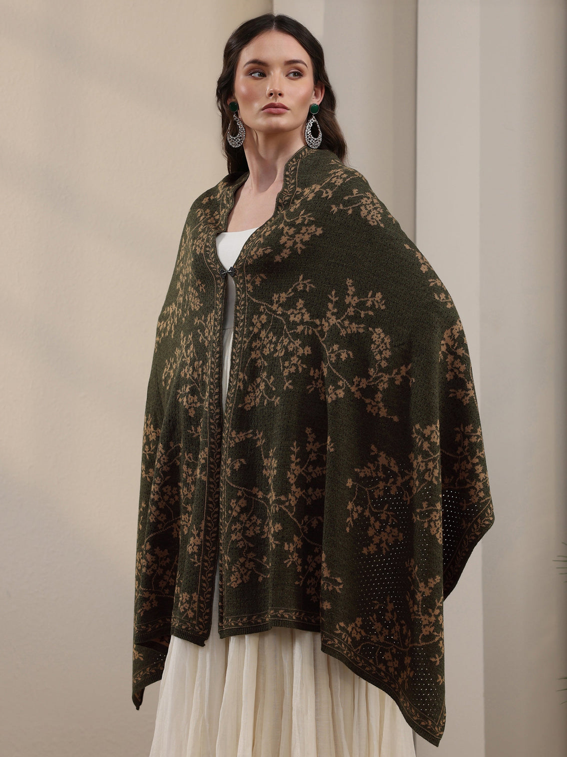 Mameraa Dark Green Floral Mesh Knitted Acrylic Wrap Shawl