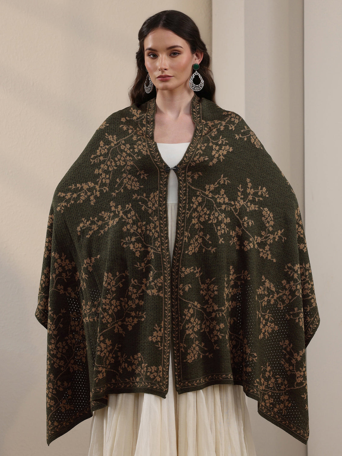 Mameraa Dark Green Floral Mesh Knitted Acrylic Wrap Shawl