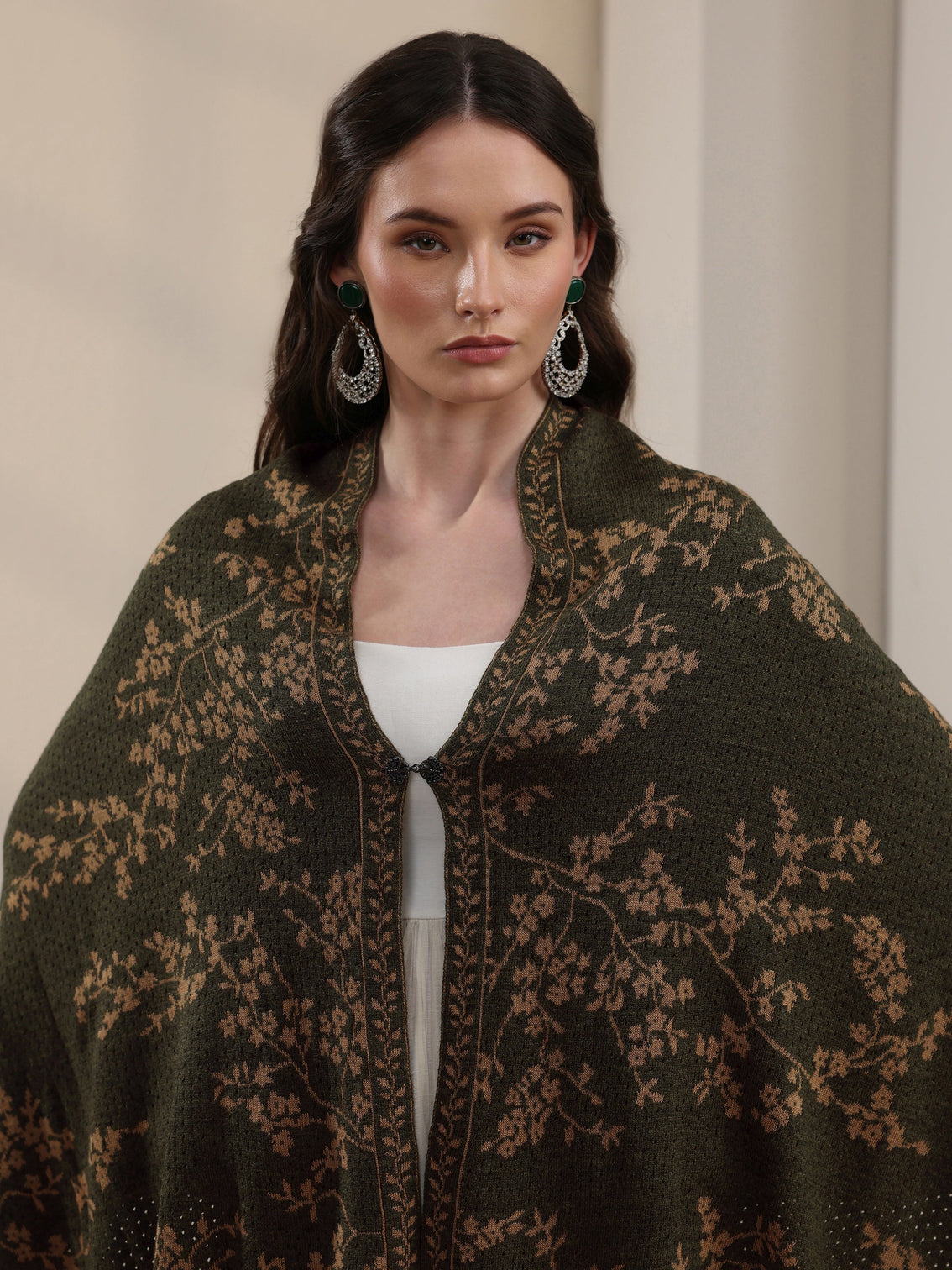 Mameraa Dark Green Floral Mesh Knitted Acrylic Wrap Shawl