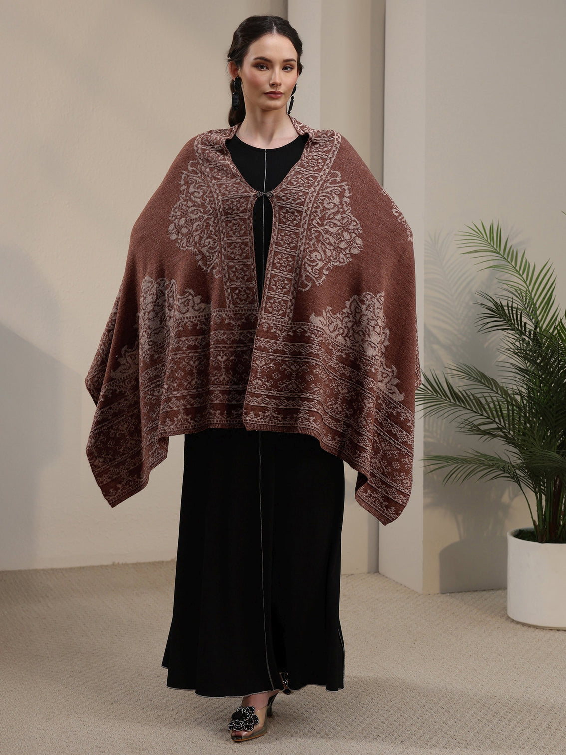 Mameraa Rust Brown Ethnic Embroidered Acrylic Wrap Shawl