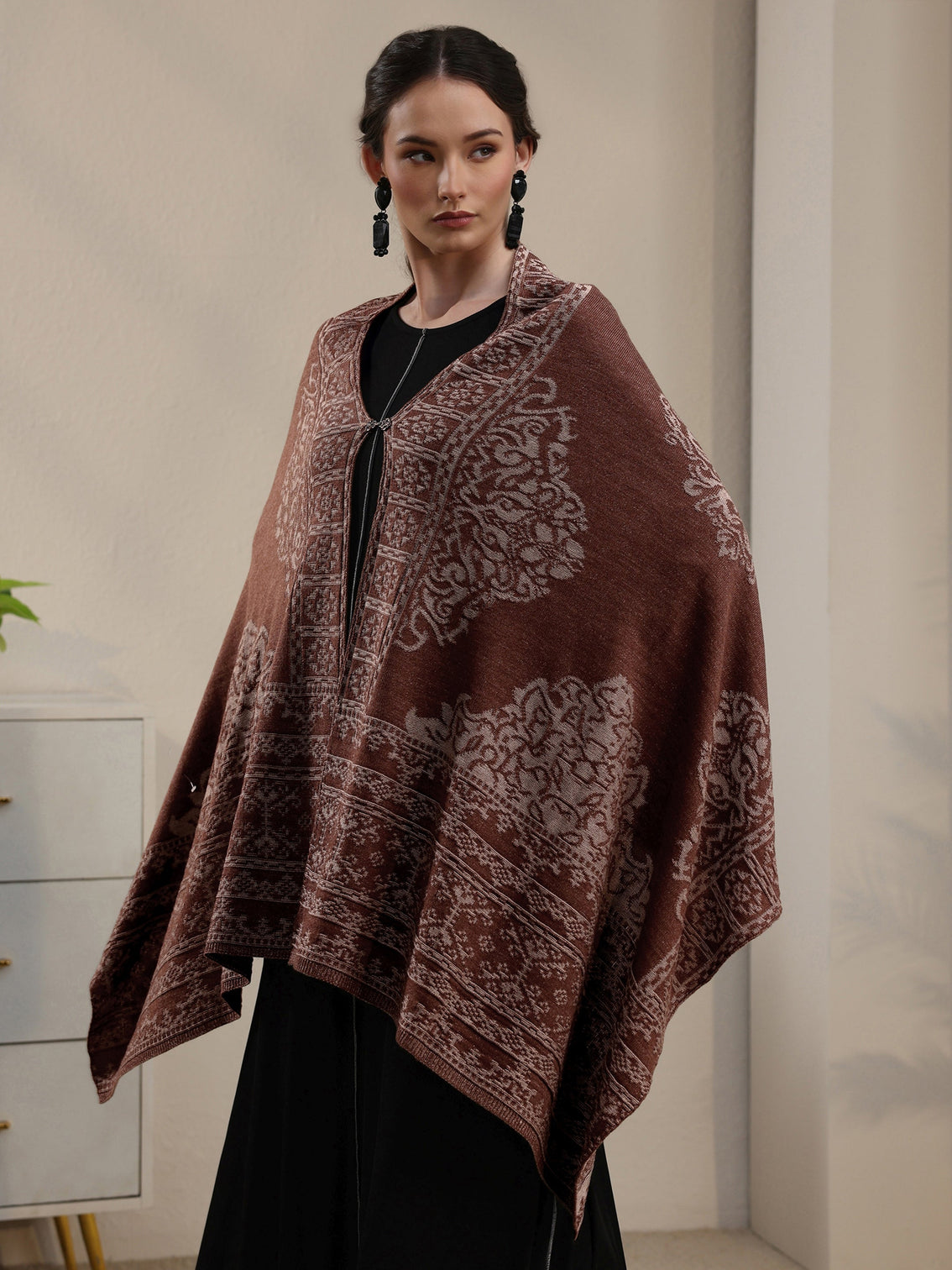 Mameraa Rust Brown Ethnic Embroidered Acrylic Wrap Shawl