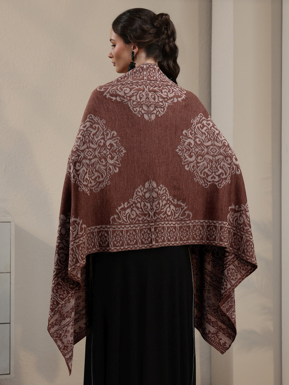 Mameraa Rust Brown Ethnic Embroidered Acrylic Wrap Shawl