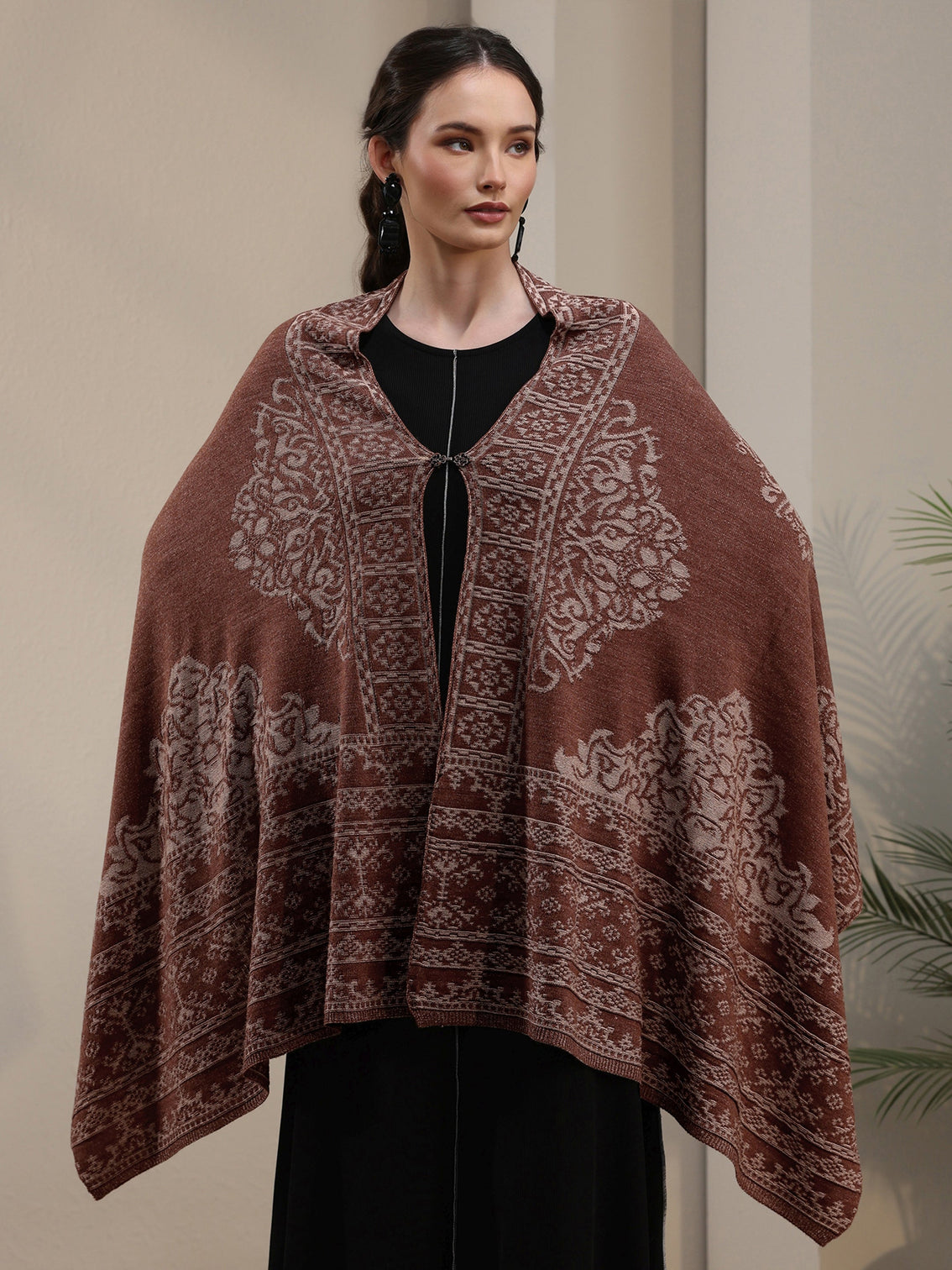 Mameraa Rust Brown Ethnic Embroidered Acrylic Wrap Shawl