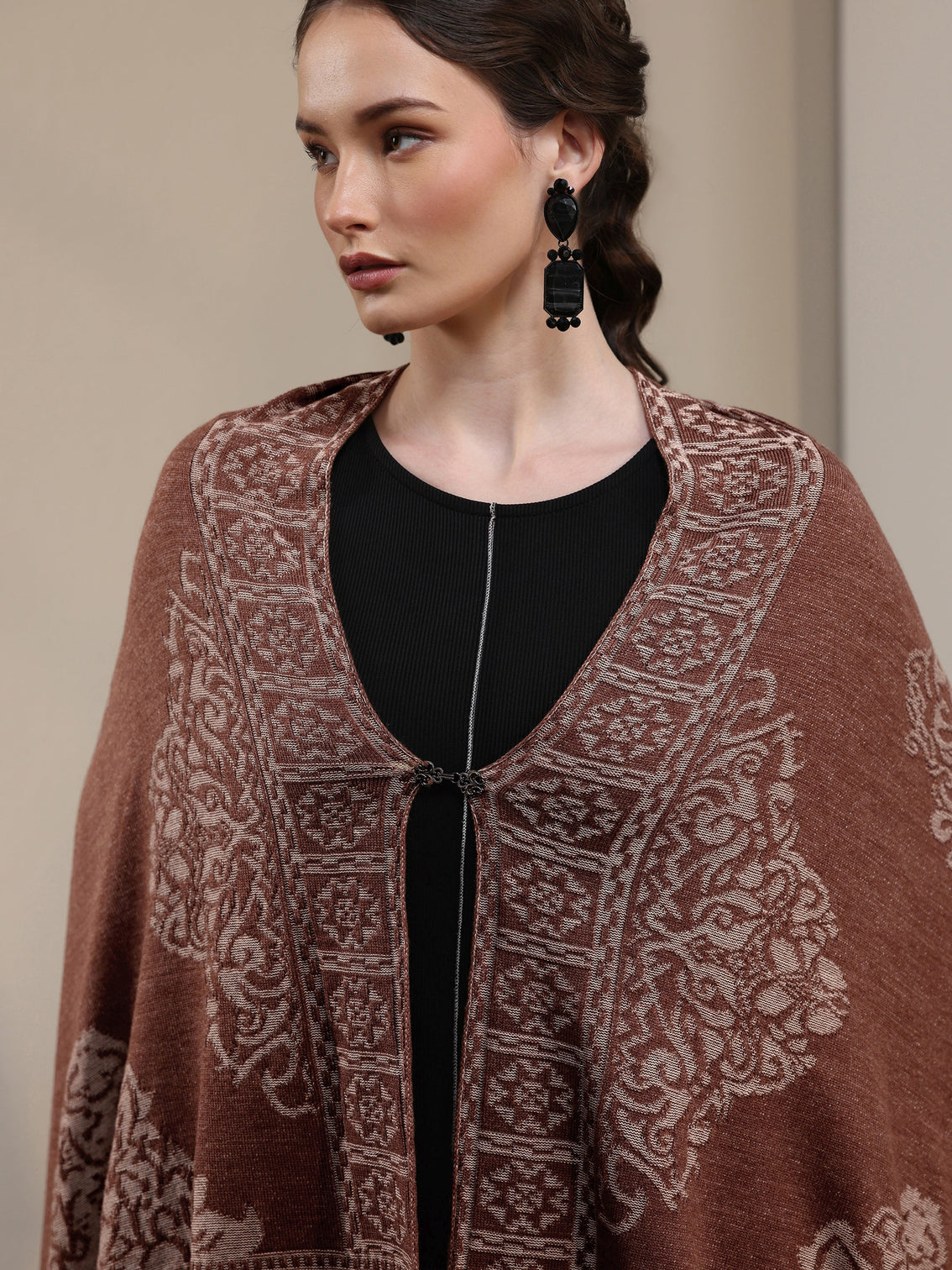 Mameraa Rust Brown Ethnic Embroidered Acrylic Wrap Shawl