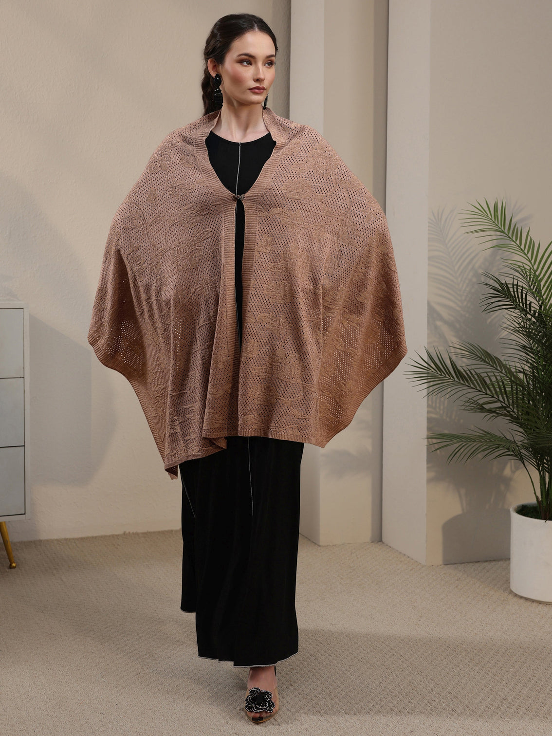 Mameraa Beige Floral Mesh Knitted Acrylic Wrap Shawl