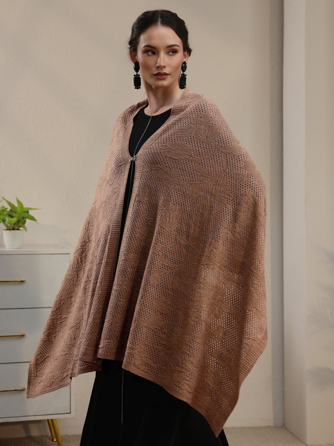 Mameraa Beige Floral Mesh Knitted Acrylic Wrap Shawl