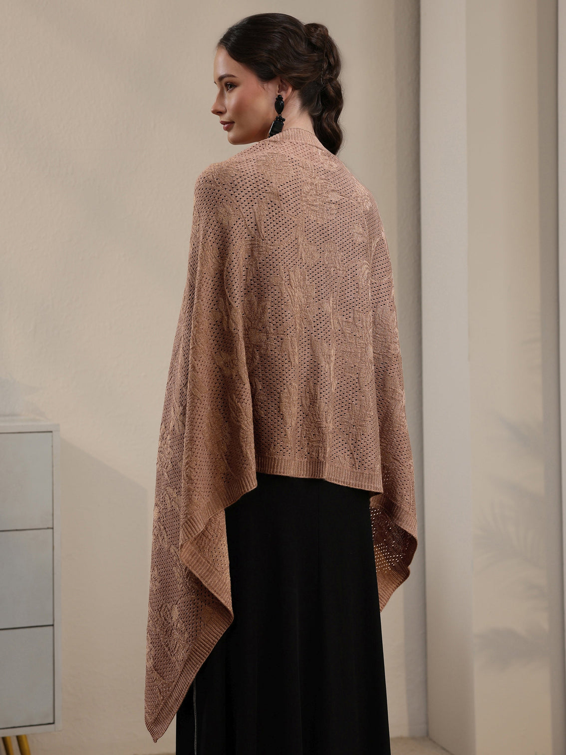 Mameraa Beige Floral Mesh Knitted Acrylic Wrap Shawl