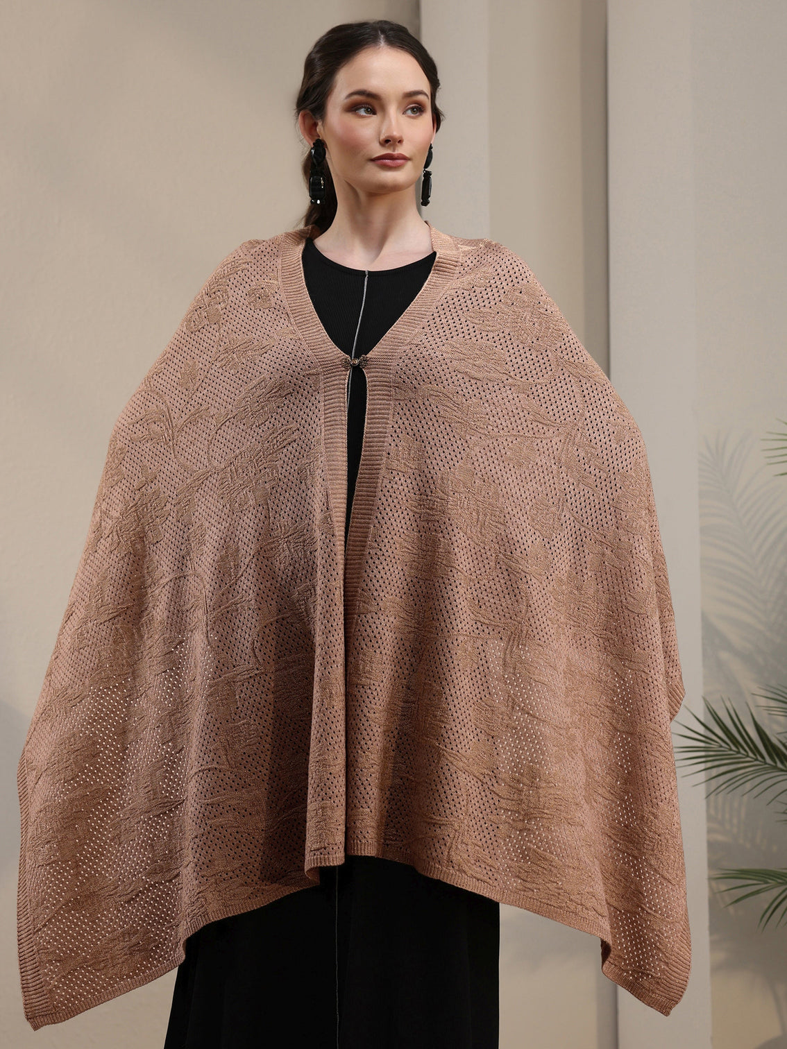 Mameraa Beige Floral Mesh Knitted Acrylic Wrap Shawl