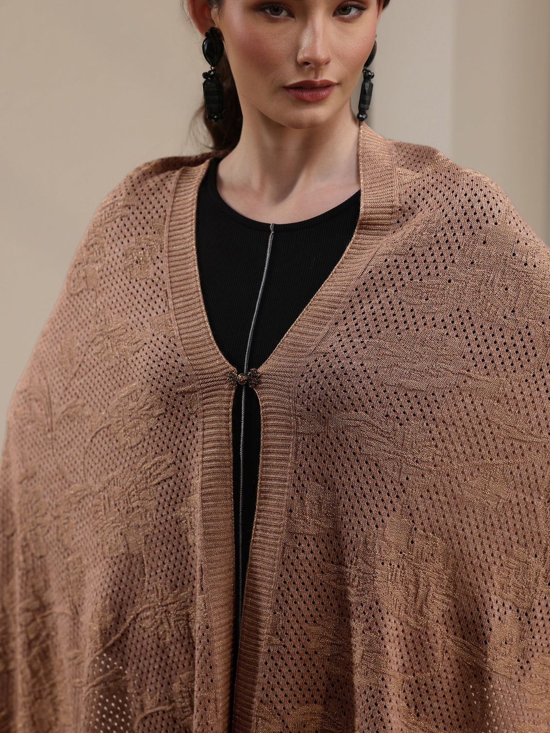 Mameraa Beige Floral Mesh Knitted Acrylic Wrap Shawl