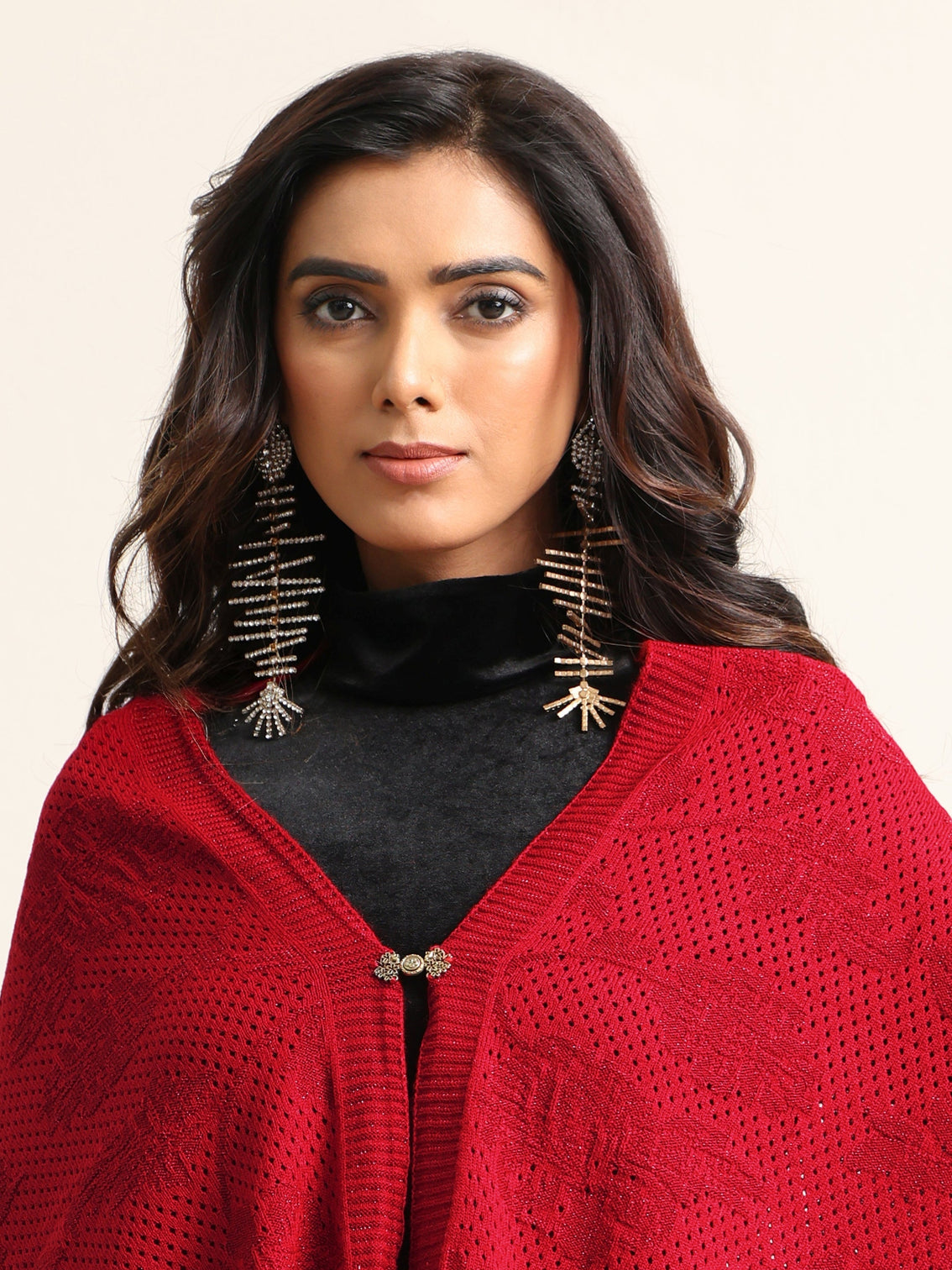 Mameraa Red Floral Knitted Acrylic Wrap Shawl