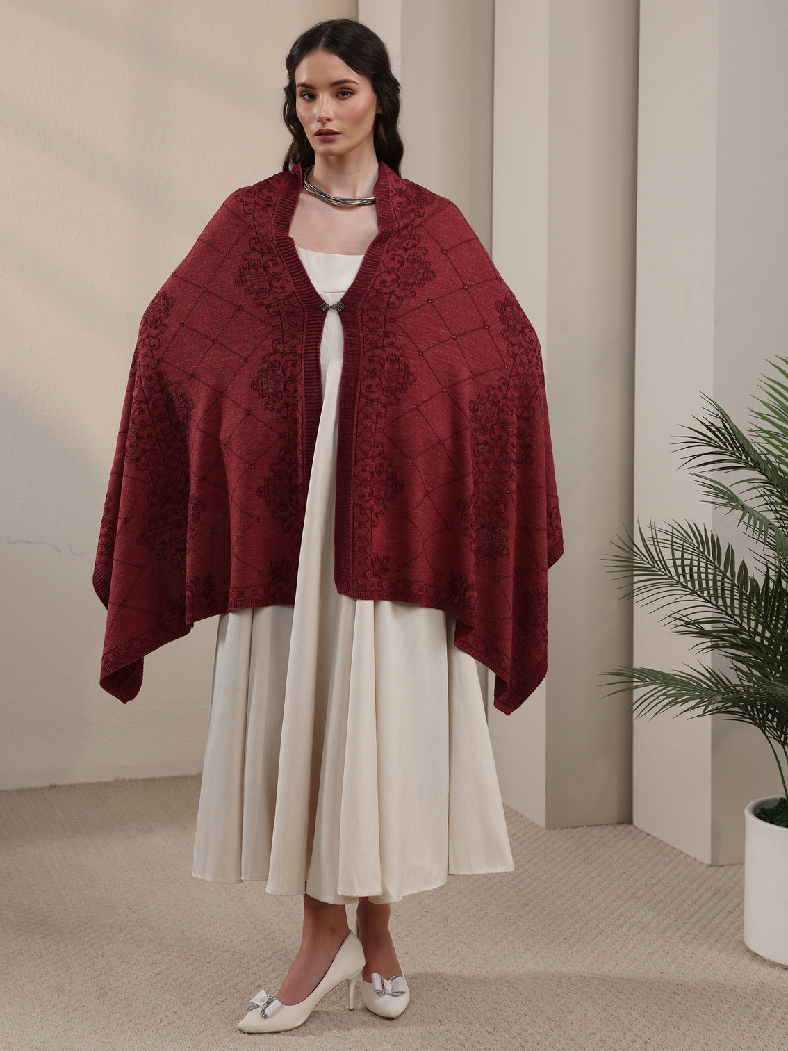 Mameraa Rust Red Ethnic Embroidered Acrylic Wrap Shawl