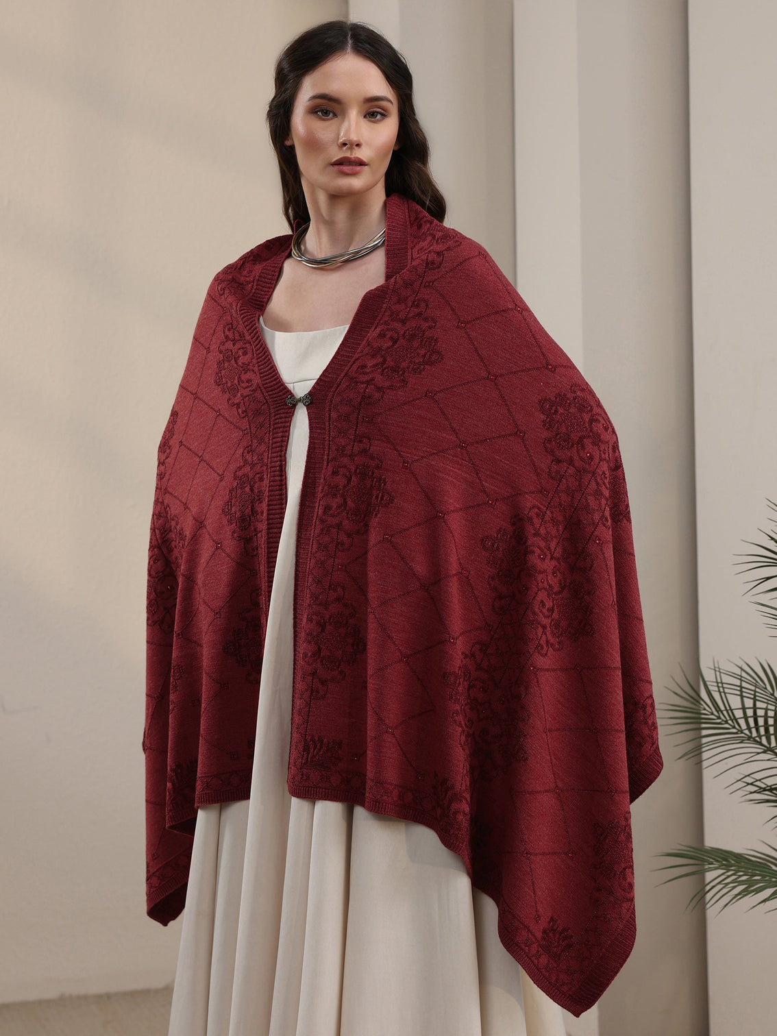 Mameraa Rust Red Ethnic Embroidered Acrylic Wrap Shawl