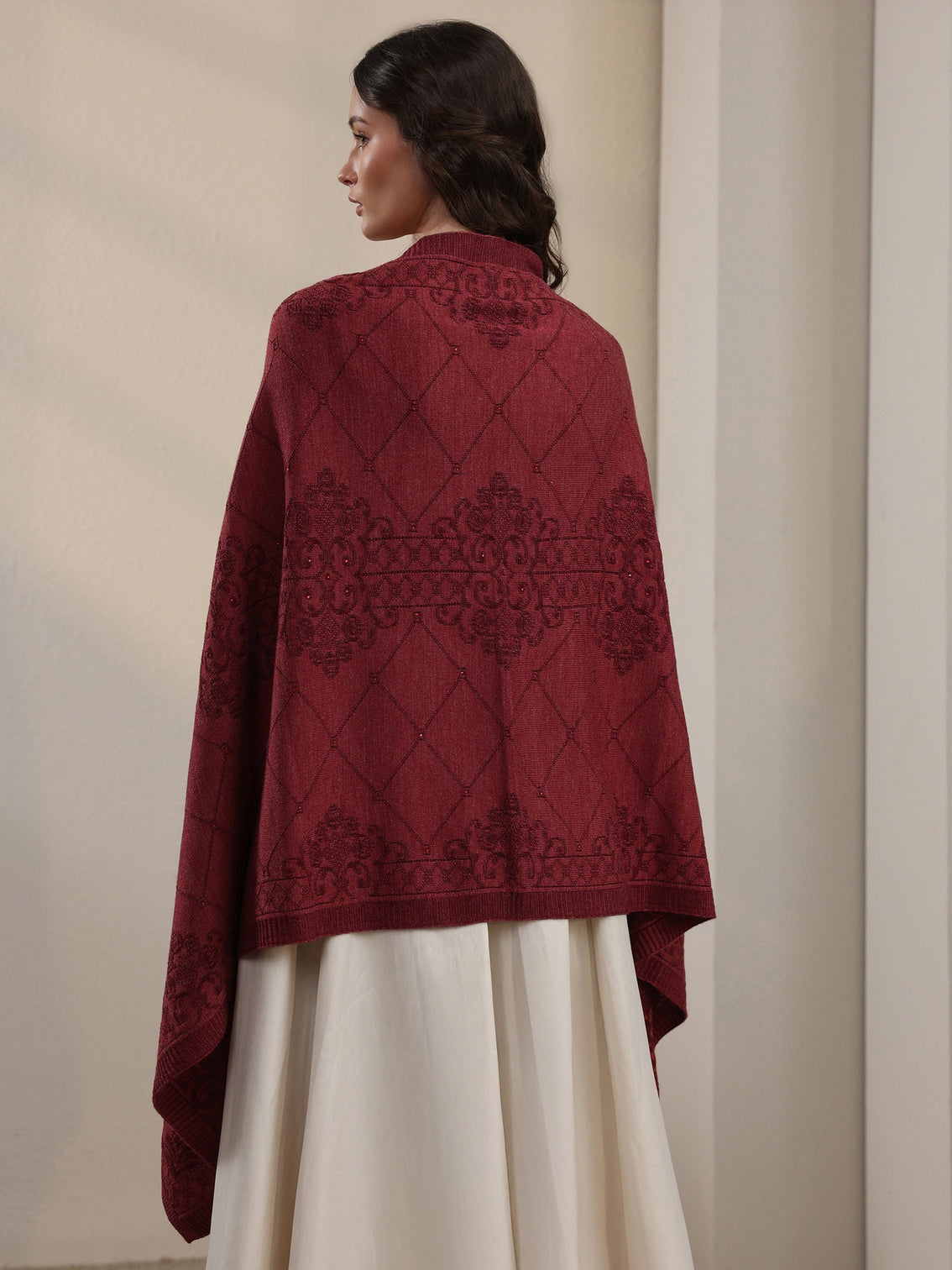 Mameraa Rust Red Ethnic Embroidered Acrylic Wrap Shawl