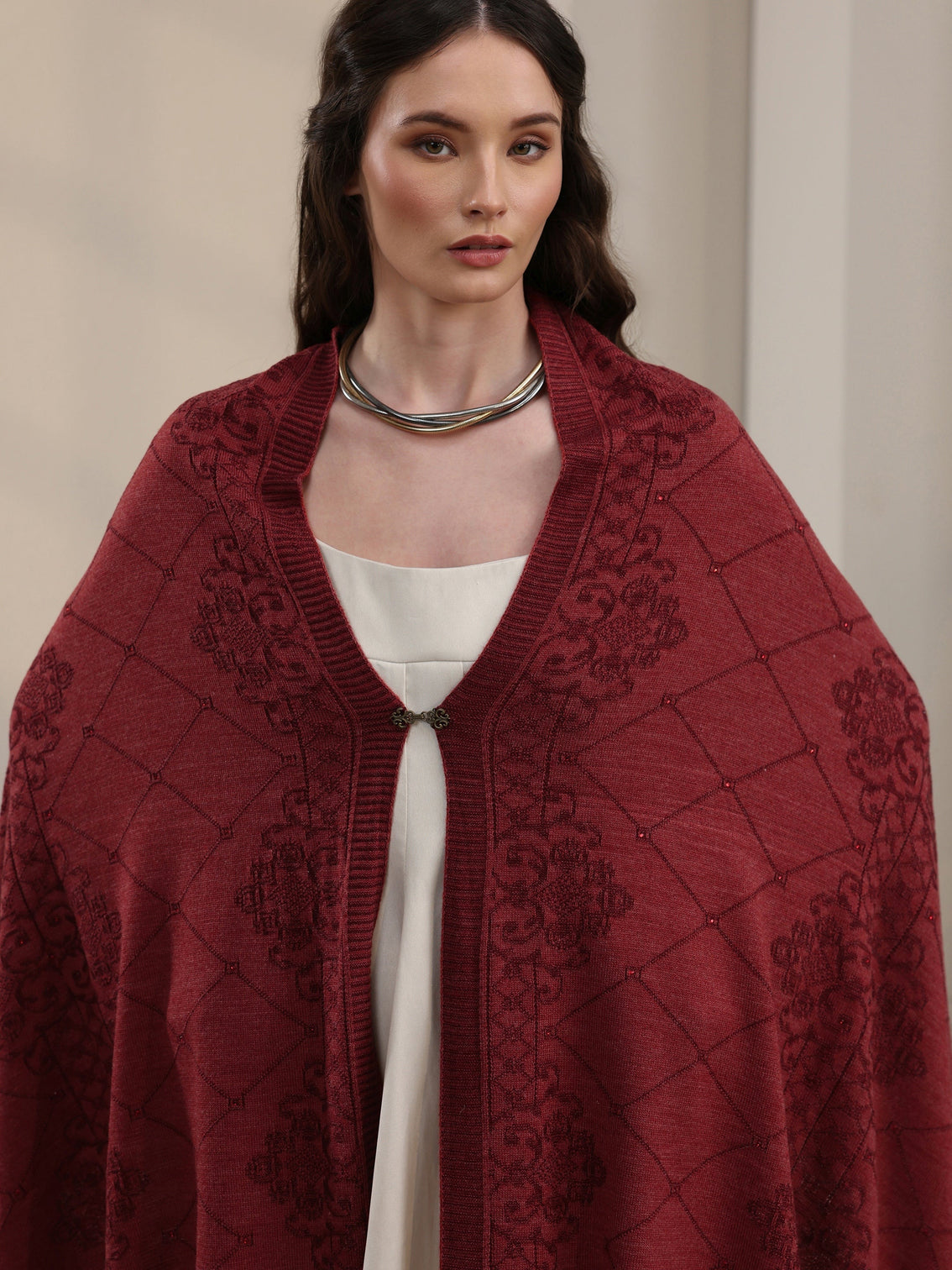 Mameraa Rust Red Ethnic Embroidered Acrylic Wrap Shawl