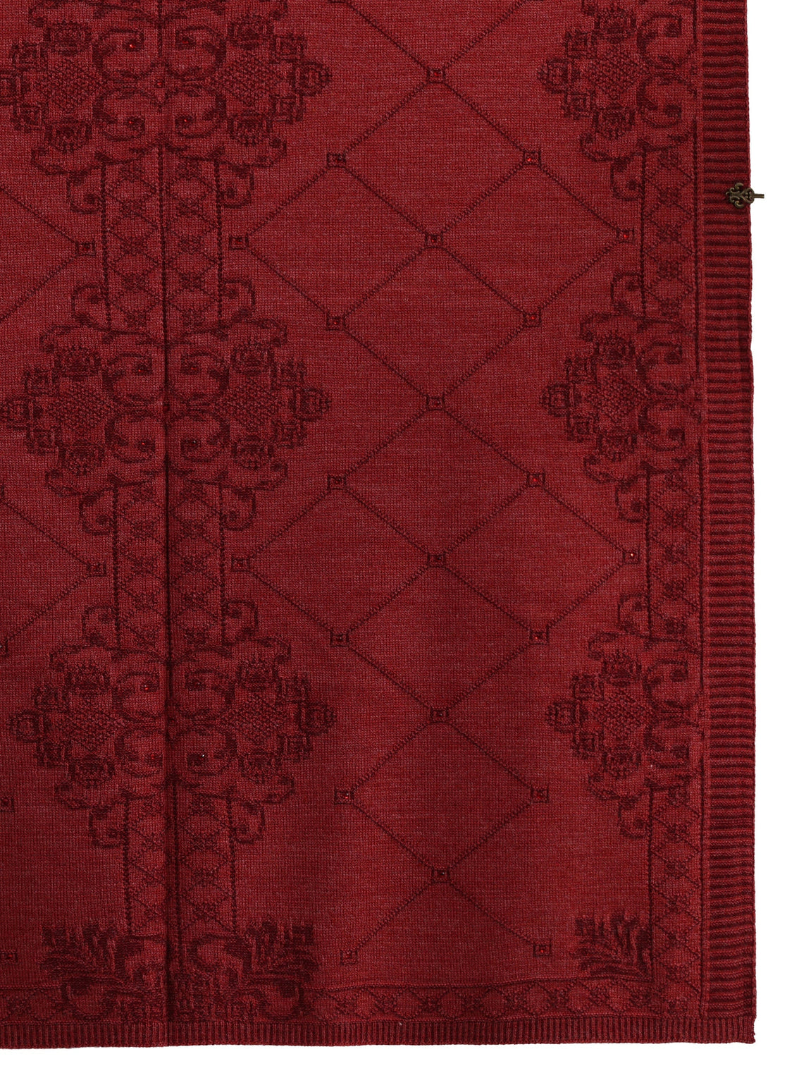 Mameraa Rust Red Ethnic Embroidered Acrylic Wrap Shawl
