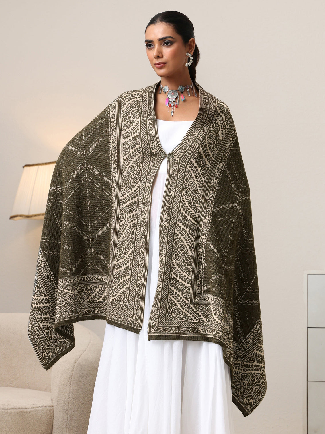 Mameraa Muted Moss Green Knitted Acrylic Wrap Shawl