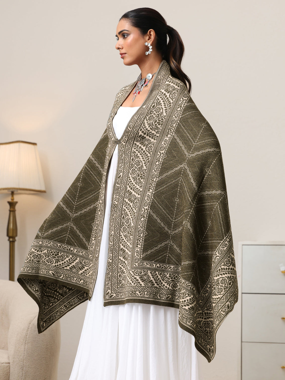 Mameraa Muted Moss Green Knitted Acrylic Wrap Shawl