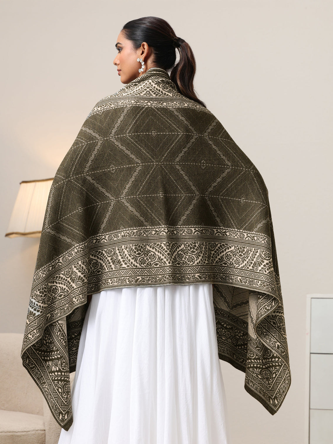 Mameraa Muted Moss Green Knitted Acrylic Wrap Shawl