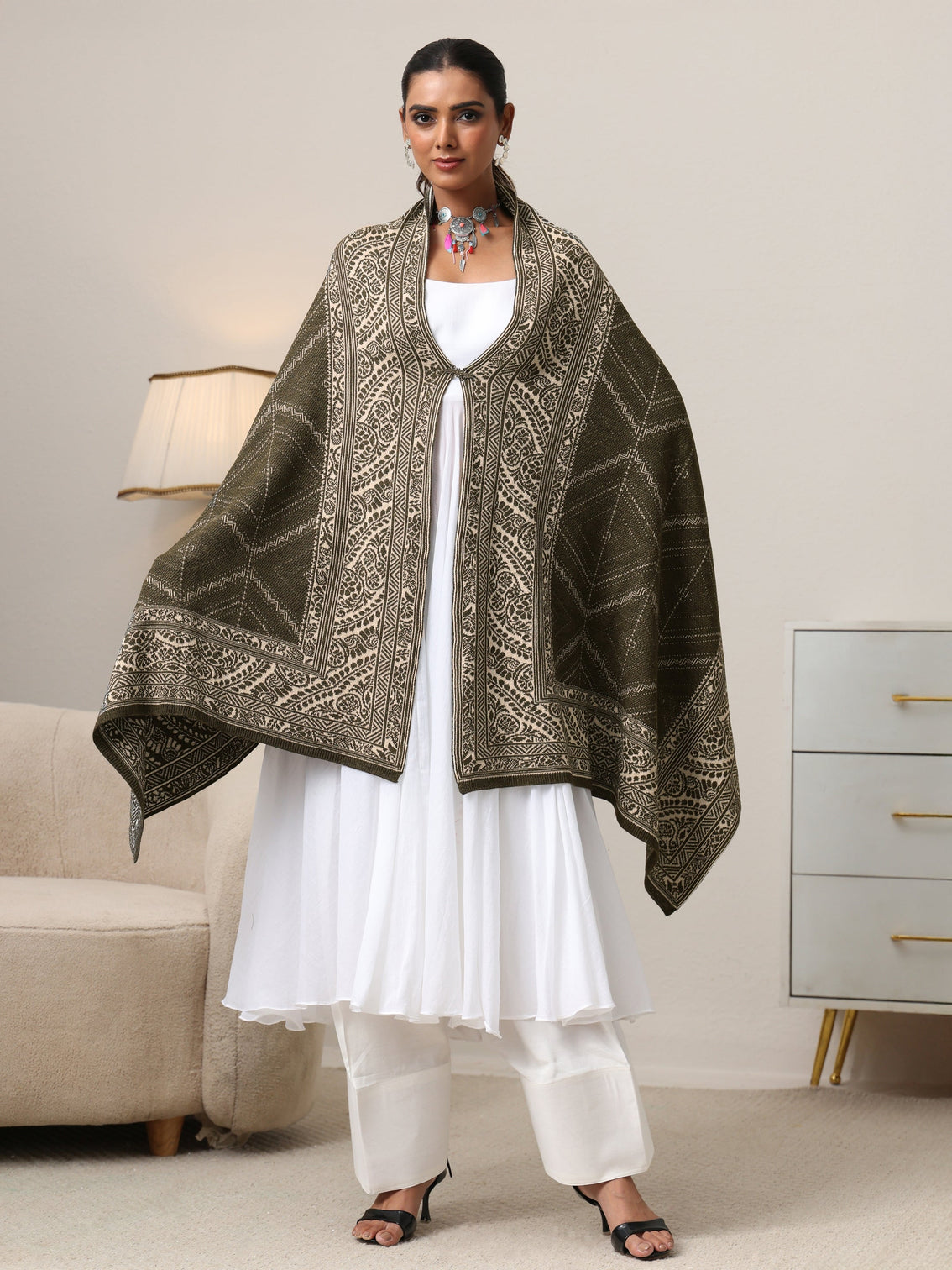 Mameraa Muted Moss Green Knitted Acrylic Wrap Shawl