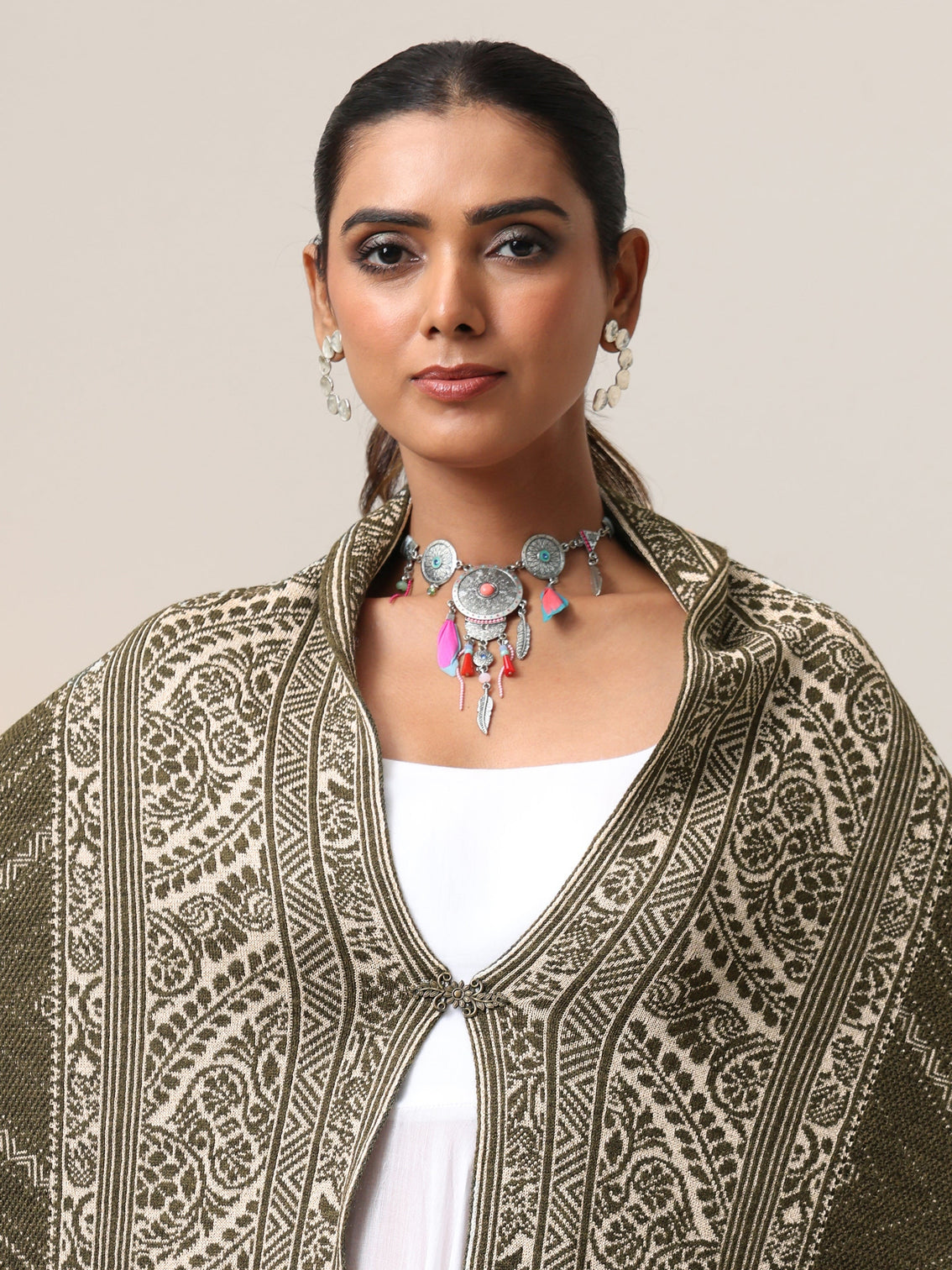 Mameraa Muted Moss Green Knitted Acrylic Wrap Shawl