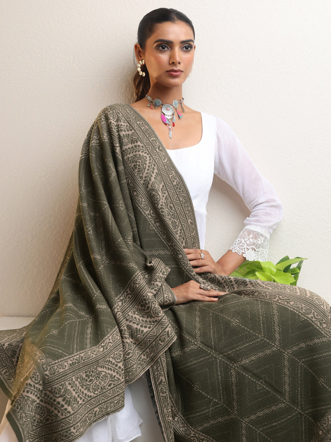 Mameraa Muted Moss Green Knitted Acrylic Wrap Shawl