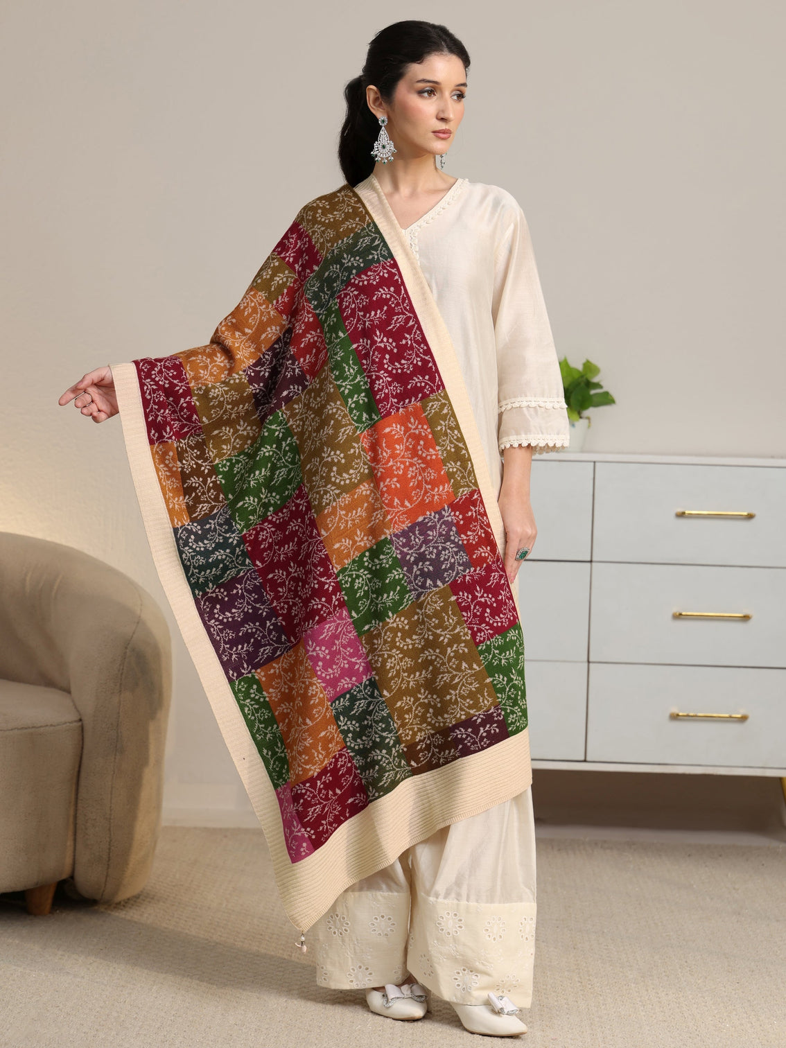 Mameraa Multi color floral Knitted Acrylic shawl