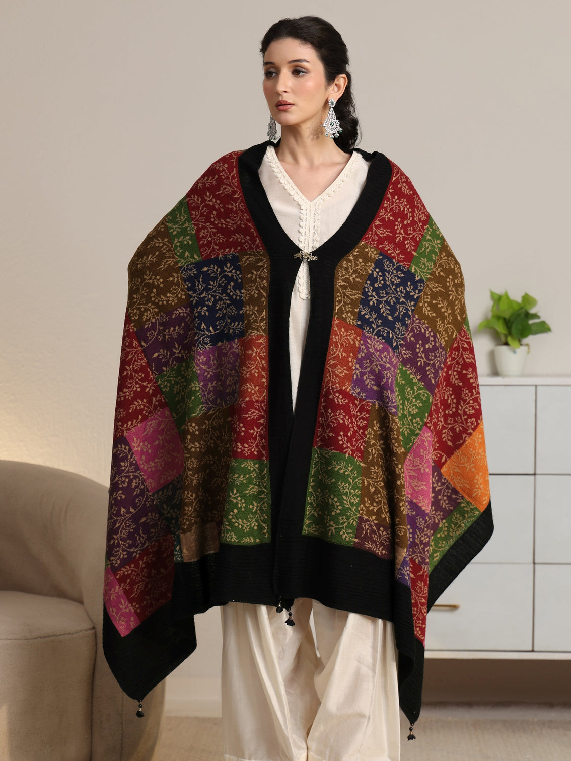 Mameraa Multi Coloured Floral Knitted Acrylic Shawl