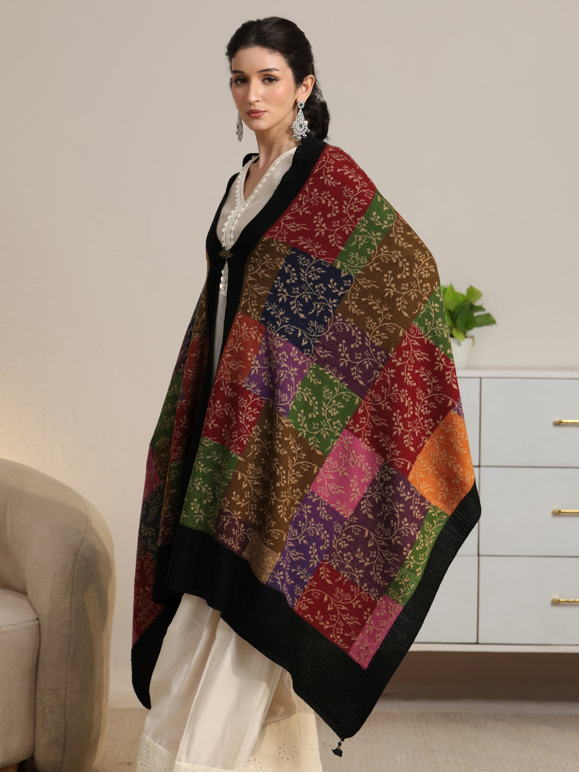 Mameraa Multi Coloured Floral Knitted Acrylic Shawl