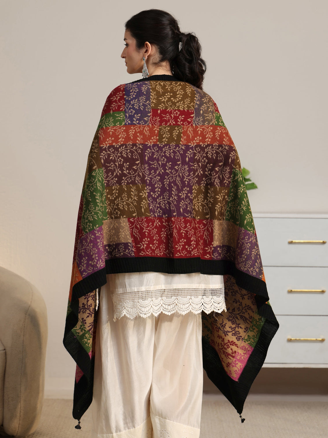 Mameraa Multi Coloured Floral Knitted Acrylic Shawl