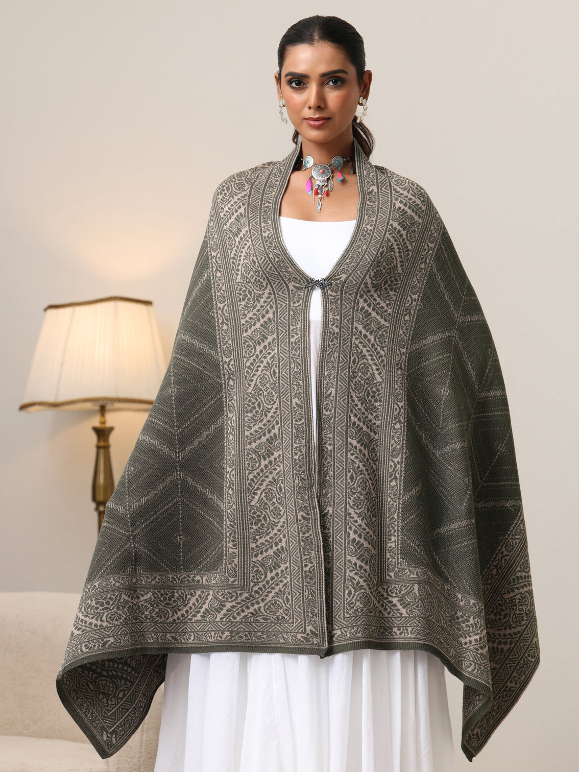 Mameraa Muted Moss Green Knitted Acrylic Wrap Shawl