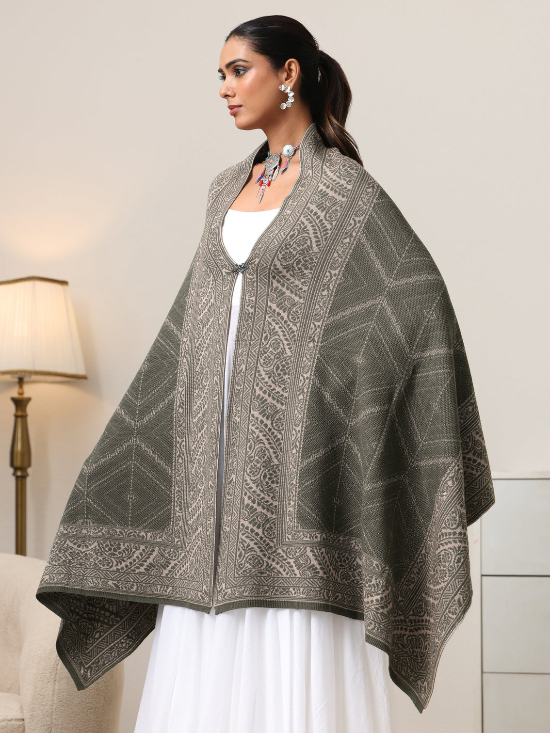 Mameraa Muted Moss Green Knitted Acrylic Wrap Shawl