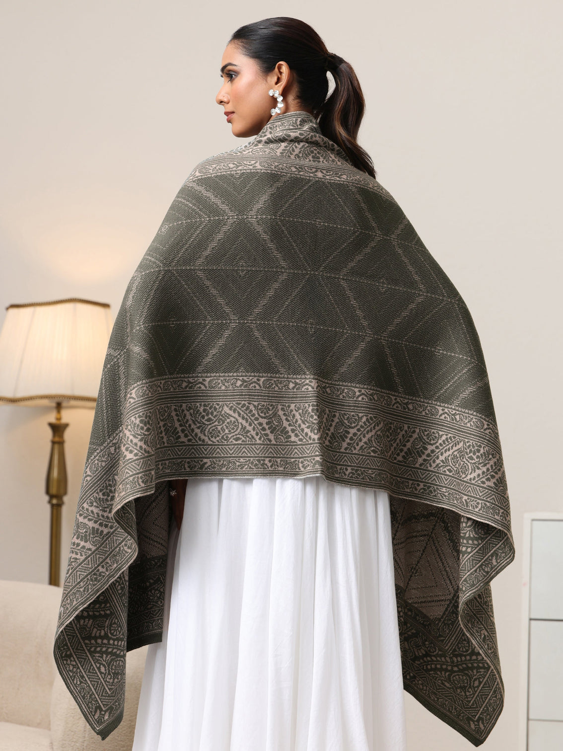Mameraa Muted Moss Green Knitted Acrylic Wrap Shawl