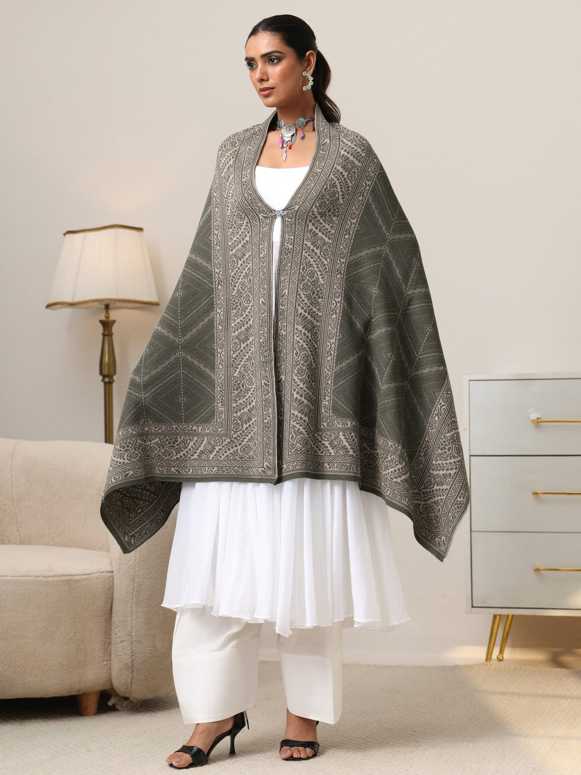 Mameraa Muted Moss Green Knitted Acrylic Wrap Shawl